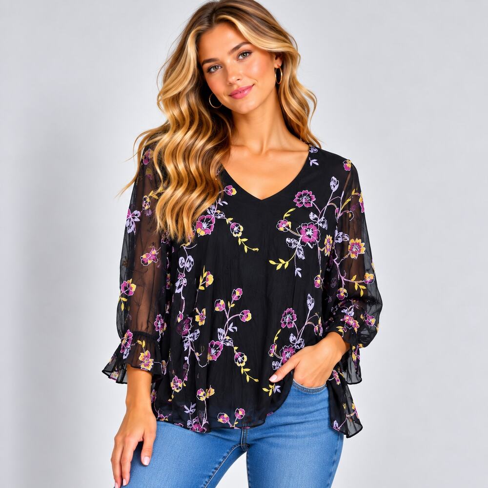 Susan Graver Liquid Knit Blouse Women's Size L Black Embroidered Floral Office